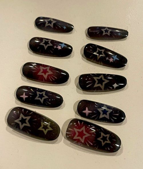 Shiny Full Cover Oval Press-On Nails, Medium, Black Multicolour Star Print