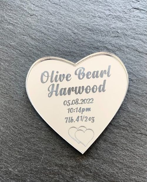 Personalised Heart Birth Details Keepsake Gift In Silver Mirrored Acrylic 2 Inch