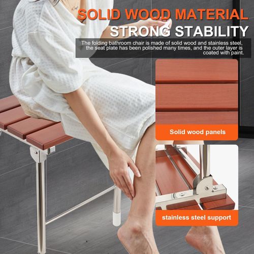 Wall Mounted Folding Shower Seat with Legs Wooden Bathroom Bench Non-Slip for — image 4