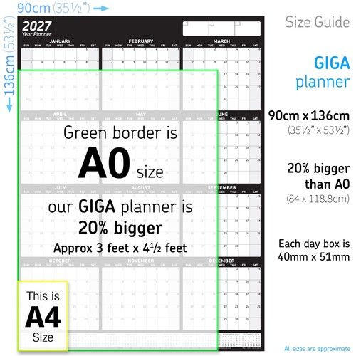 2027 Year Planner Wall Chart+Calendar+Holidays ✔12 Month Grid Portrait Calender