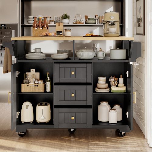 Kitchen Island on Wheels Rolling Storage Trolley with Extendable Worktop, Black — image 2