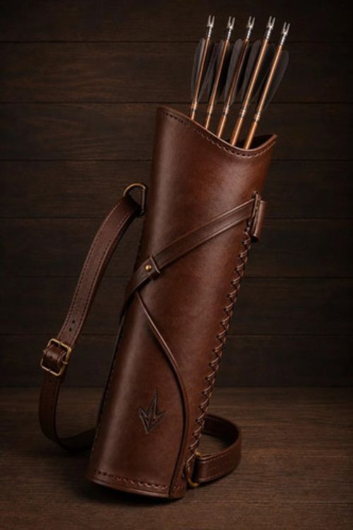 Handmade Brown Leather Archery Quiver Adjustable Shoulder Strap Traditional