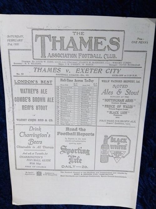 Rare THAMES FC 1931 OFFICIAL PROGRAMME- REPLICA ) - v EXETER CITY