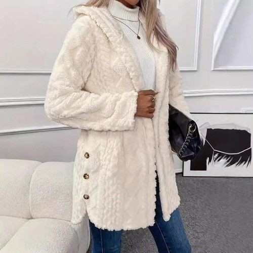 Women Teddy Bear Fleece Fur Fluffy Hooded Coat Jacket Button Cardigan Plus Size