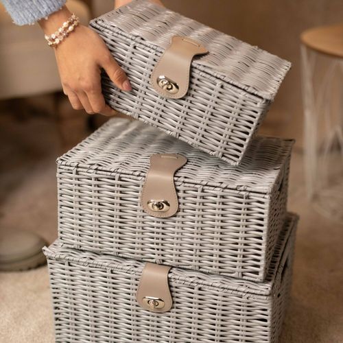 3pc Storage Basket Set - PE Wicker Woven Hamper Box Lid & Lock Stackable Home — image 18