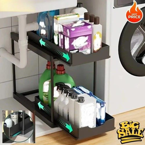 2 Tier Pull Out Under Sink Cupboard Basket Kitchen Organiser Drawer Storage Rack
