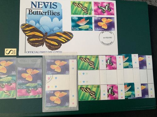 Nevis 1982 Butterflies SG81-84 Sets  of 4 MNH gutter traffic FDC 3 UMINT 3 CTO