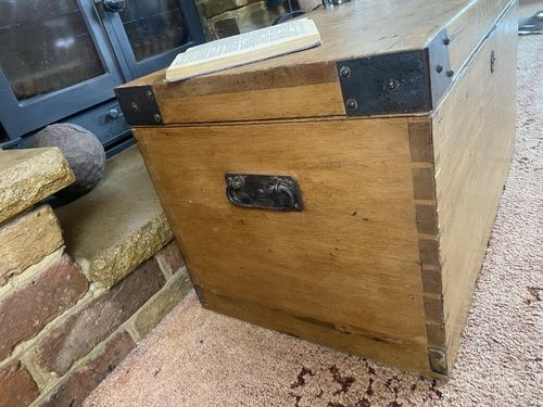 Old Antique Pine Chest, Vintage Wooden Storage Trunk, Blanket Box, Coffee Table. — image 2