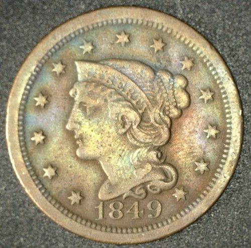 1849 Large Cent * Solid VF; Red Brown with blue/yellow toning; fingerprint