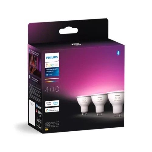 PHILIPS HUE GU10 3PACK SMART SPOTLIGHT–WHITE AND COLOUR AMBIANCE GU10 400 LUMEN.