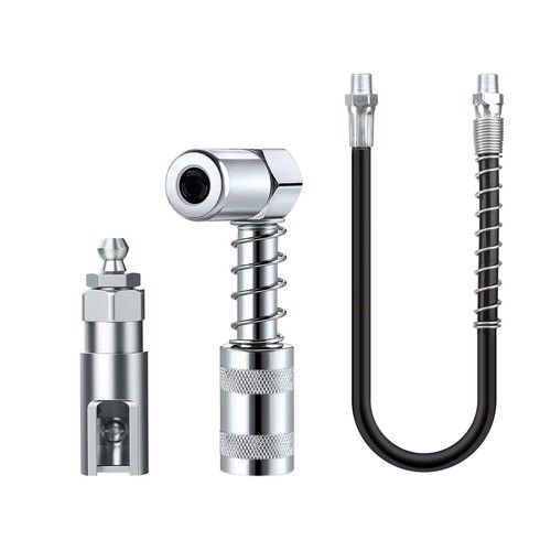 Slotted Right Angle 90 Degree Grease Gun Coupler 1/8Inch NPT Threads w/ 12" Hose