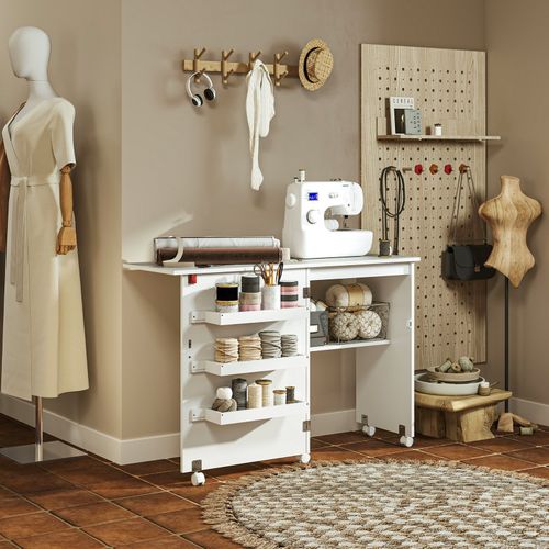 HOMCOM Folding Sewing Table Rolling Craft Table with Drop Leaf Wheels White — image 2