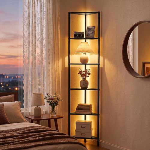 Corner Shelf with LED Light, 6-Tier Corner Bookshelf for Small Space - Black — image 7