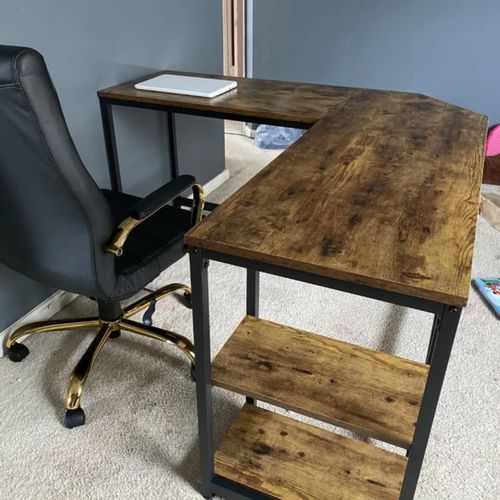 L Shape Computer Desk with Shelves Rustic Brown Corner Home Office Workstation — image 19