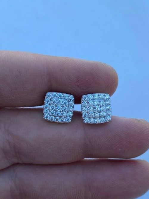Real Solid 925 Silver Iced Simulated Diamond Earrings Screw Back Square Men's — image 9