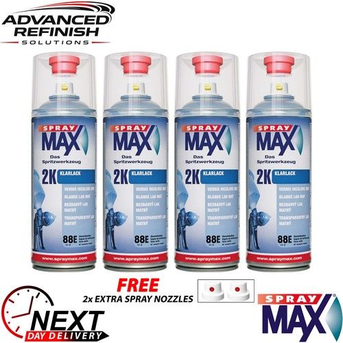 4x SprayMax 680061 2K Clear Coat 400ml High Gloss Spray Aerosol + Spray Nozzles