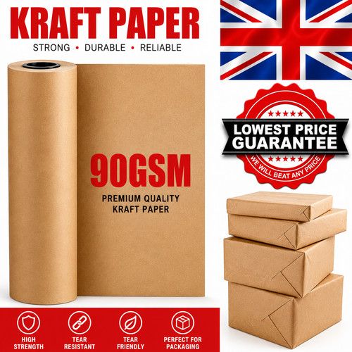 BROWN KRAFT PARCEL PAPER FOR WRAPPING AND PACKAGING PARCELS STRONG ROLLS 90GSM