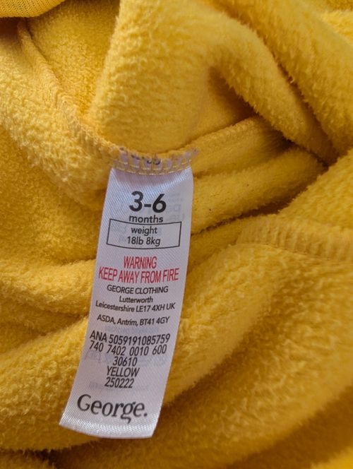 George Yellow Fleece Pudsey Bear Footed Babygrow Appliqué Long Sleeve 3-6M — image 5