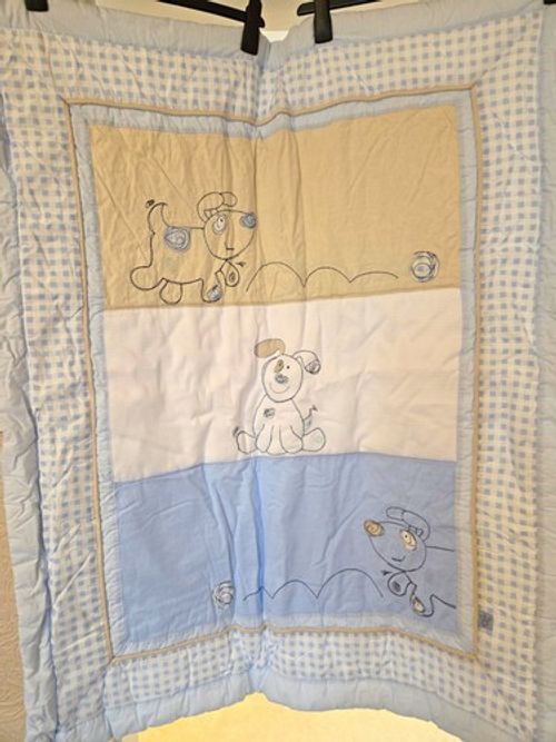 Vintage Mothercare Blue/White/Beige Cotton Embroidered Bunny Unisex Cot Quilt