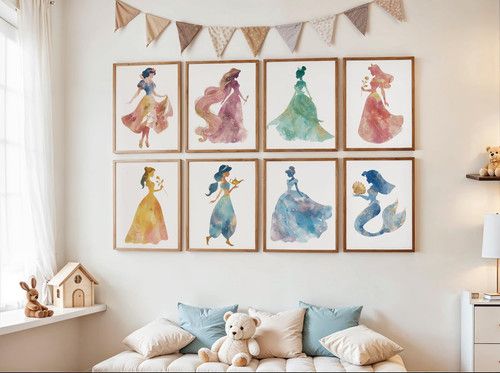 Princess Inspired Wall Art Prints, Girls Bedroom Watercolour Posters, Kids Decor