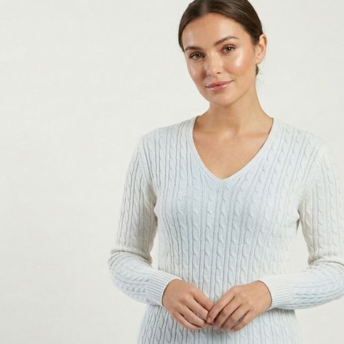 Womens Cable Knit Jumper V Neck Long Sleeve Sweater Ladies Winter Warm Knitted — image 2