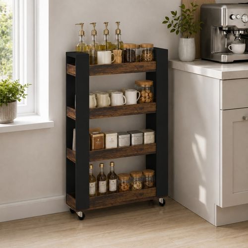 Slim 4 Tier Rolling Wooden Kitchen Storage Trolley Cart Wheels Narrow Rack Caddy — image 2