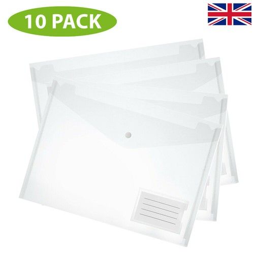 10 CLEAR A4 POPPER WALLETS PLASTIC DOCUMENT FOLDERS ENVELOPE STUD ID HOLDER FILE