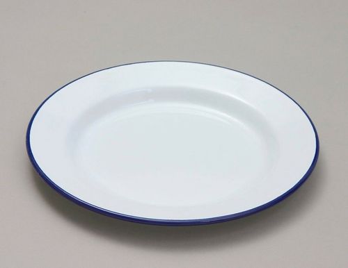 Dinner Plate White Enamel  Pie Baking Roasting Camping Blue Rim BBQ Caravan  — image 1