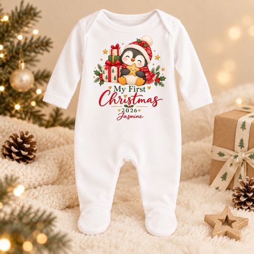 Personalised Baby First Christmas 2026 Gift Set, Penguin Christmas Sleepsuit Bib