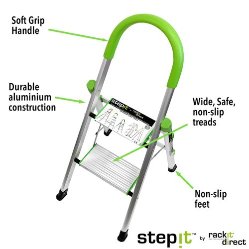 2 Step Aluminium Ladder Foldable Safety Step Stool 140kg Anti-Slip Wide Treads — image 4