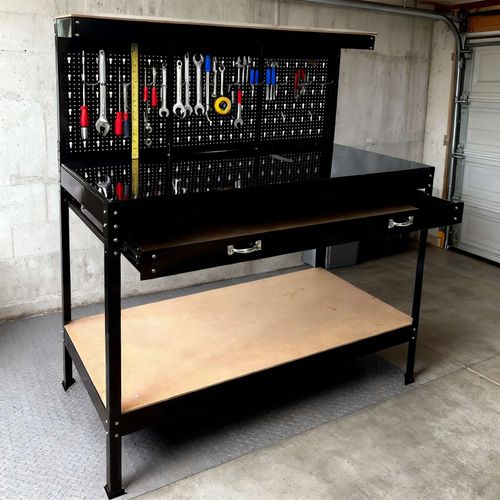 SwitZer Heavy Duty Metal Workbench Garage Table Pegboard Shelf Drawer Workshop — image 2