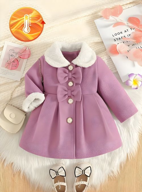 Baby Coat Girls 18–24M Pink Winter Coat Bow Detail Fleece Collar Warm Toddler Ja