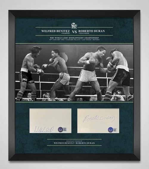 WILFRED BENITEZ & ROBERTO DURAN SIGNED & FRAMED CARD PRESENTATION BAS
