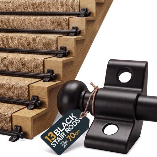 Stair Rods 13 Pack Black Carpet Runner 70cm Twin Brackets Screws Fitting Kit