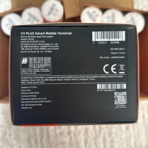 Sunmi V3 PLUS Smart Mobile Terminal Wireless POS 4G NFC Printer Orange CE