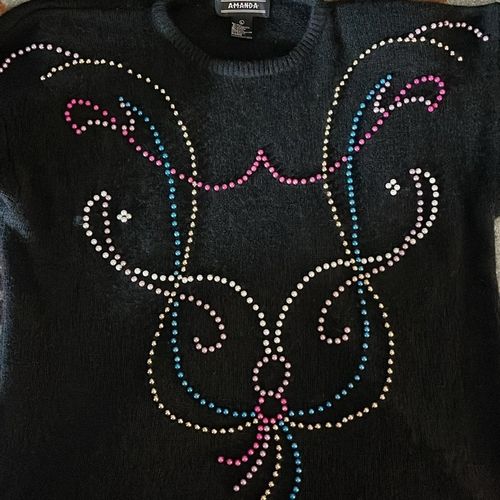 Vintage 80s Amanda Beaded Reindeer Sweater L Silk Angora Black Holiday — image 12