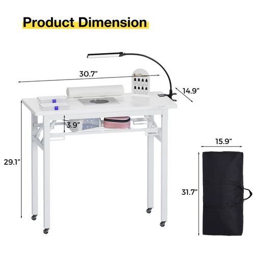 Portable Foldable Nail Desk w/Dust Collector &LED Light Lamp&Wrist Cushion White — image 3
