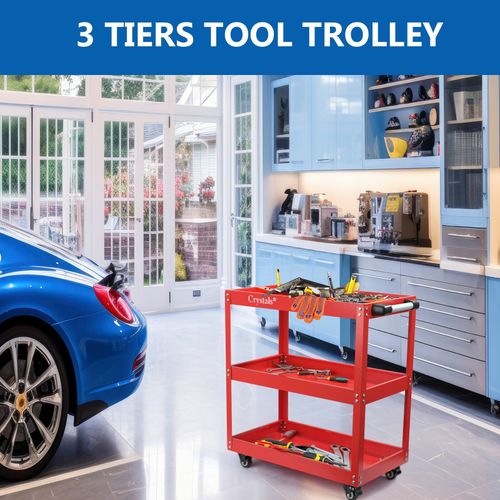 Tool Storage Heavy Duty Garage Trolley Workshop 3 Tier Wheel Cart DIY Red/Black — image 9