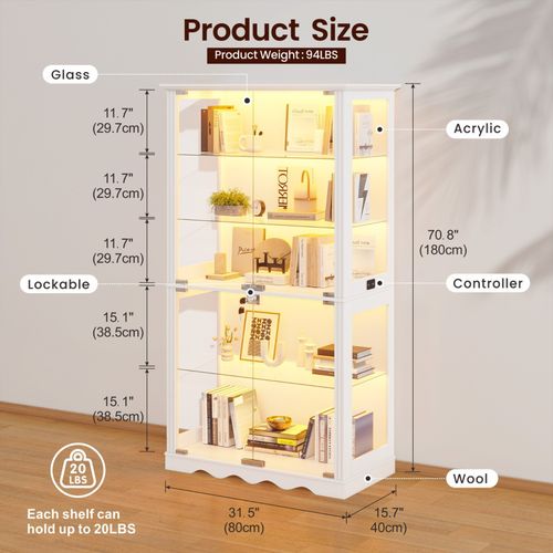 Display Cabinet with Glass Doors, 5 Tier Curio Cabinet with 3-Color LED Lights — image 2