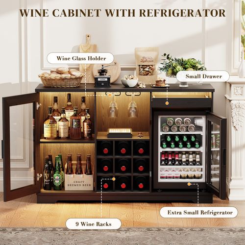Coffee Bar Cabinet with Fridge, 47" Buffet Sideboard with Wine Rack & LED Lights — image 7