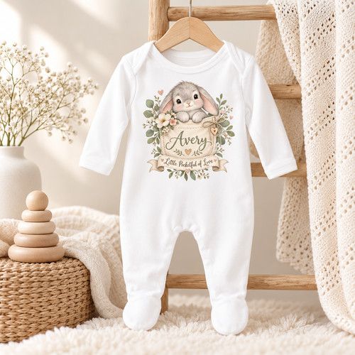 Personalised Grey Bunny Baby Gift Set, Neutral Newborn Sleepsuit, Bodysuit, Bib