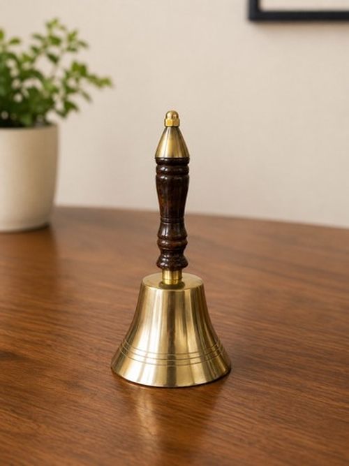19 cm Brass School dinner Hand Reception Bell With Wooden Handle 