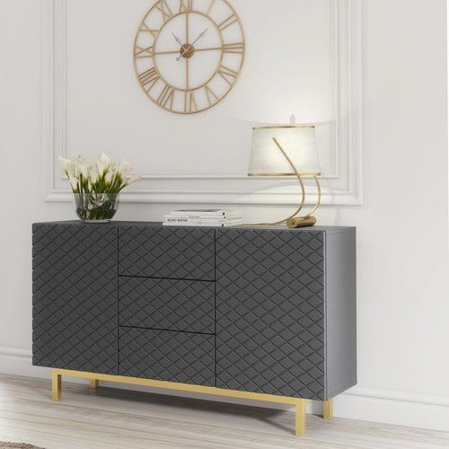 Sideboard Cabinet Diamond Pattern 3 Drawers 2 Doors Grey Gold Legs Storage 140cm