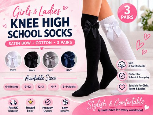 6 Pairs Girls Ladies Knee High Long School Socks With Bow Party Socks All Sizes