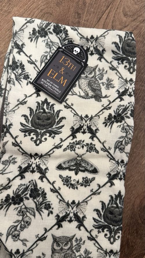 13th & ELM Set Of 3 Black White Tea Towel Set Halloween Decor Gothic Pumpkin — image 2