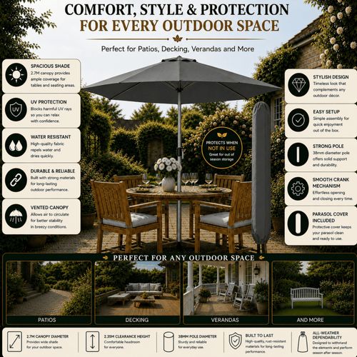 Garden Parasol Patio Table Umbrella Sun Shade Crank Handle Waterproof 2.7M — image 3