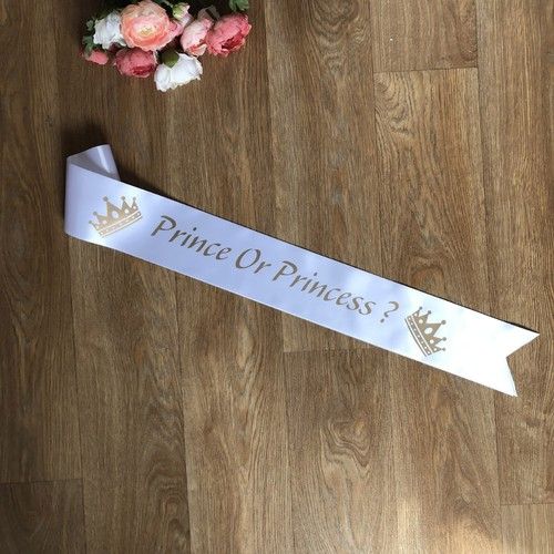 Baby shower sash Prince Or Princess? for Mummy To Be White Sash Gold text