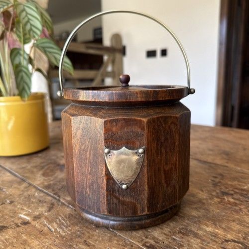 Vintage Oak & Chrome Tea Biscuit Tin Barrel & Ceramic Liner 1960s Vintage Retro