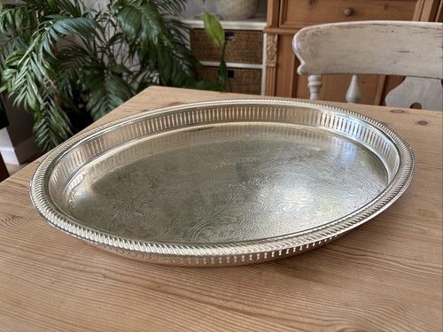 Vintage Silver Plated Oval Gallery Tray Pierced Chased Serving Butler 42x33cm