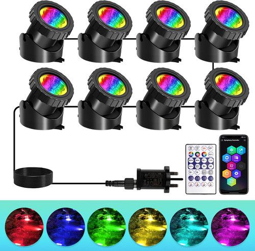 8 LED RGB Pond Lights IP68 Submersible App & Remote Garden Fountain Fish Tank
